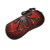 A black and red spider web patterned pouch designed to hold eyeglasses.