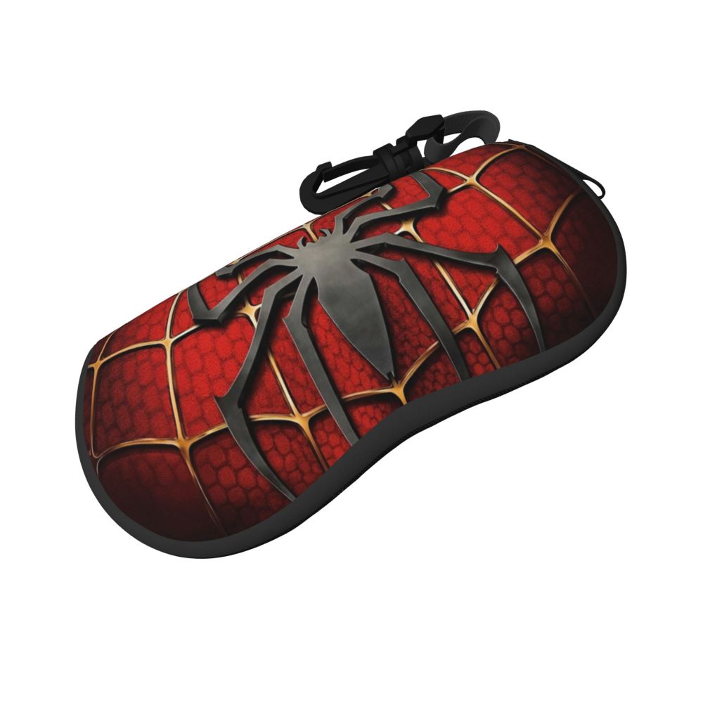 A black and red spider web patterned pouch designed to hold eyeglasses.