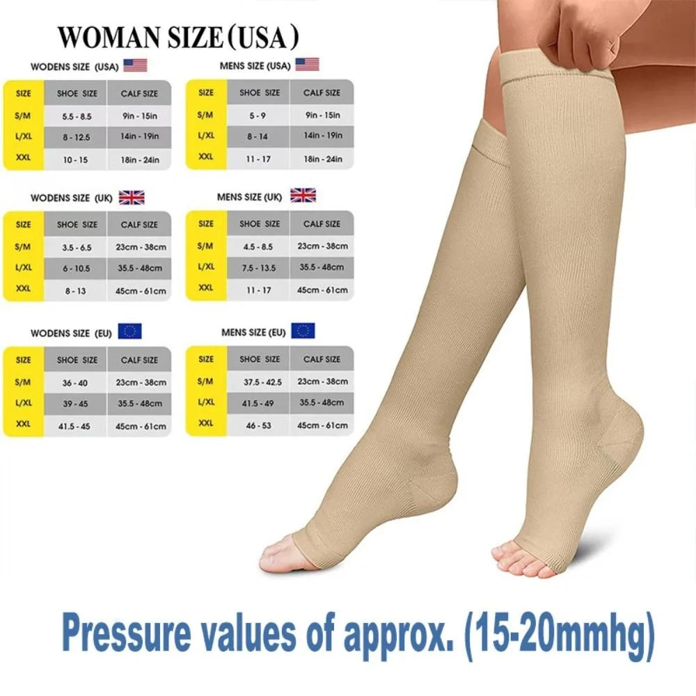 A pair of beige medical grade compression socks shown on a foot, with size charts for women and men.
