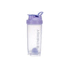 Lila tragbare Proteinpulver-Shakerflasche mit knickbarem Deckel und klarem Körper.