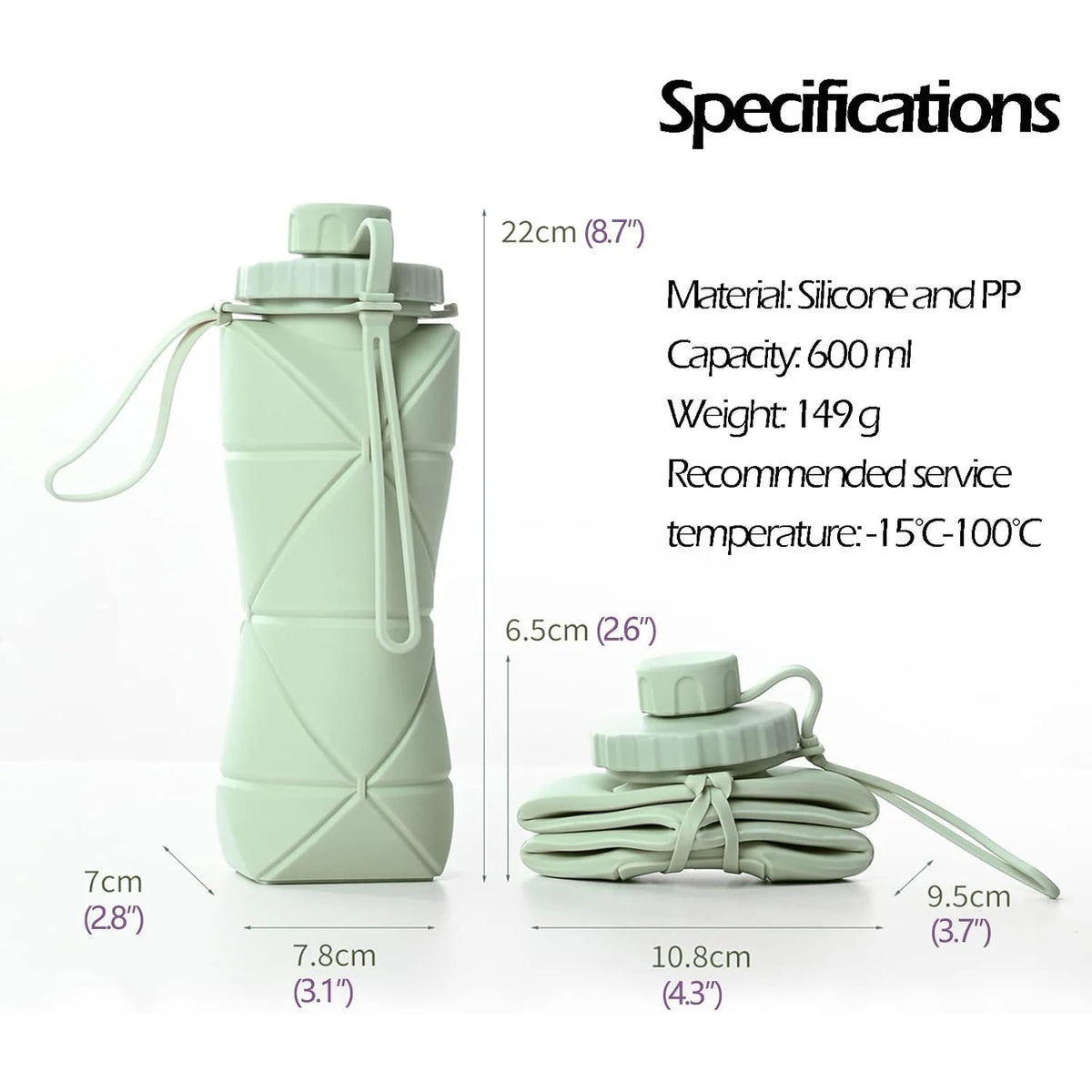 A light green collapsible silicone sports water bottle with a screw cap and carrying strap.