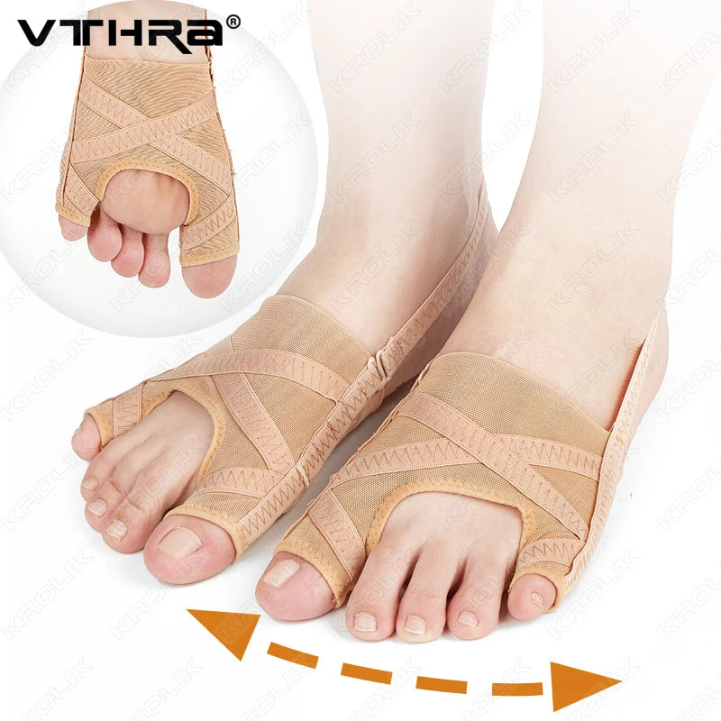 A pair of beige adjustable toe corrector and separator for foot health shown on a foot.