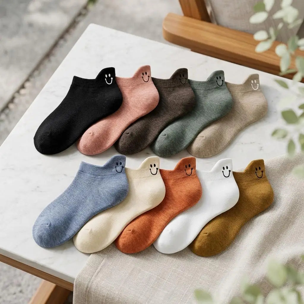 An assortment of eight low-cut ankle socks with smiling embroidery displayed on a white marble surface.