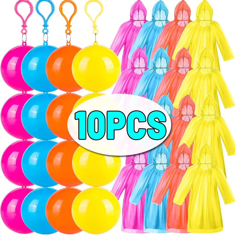 A set of ten bright colored portable disposable rain ponchos for outdoor activities