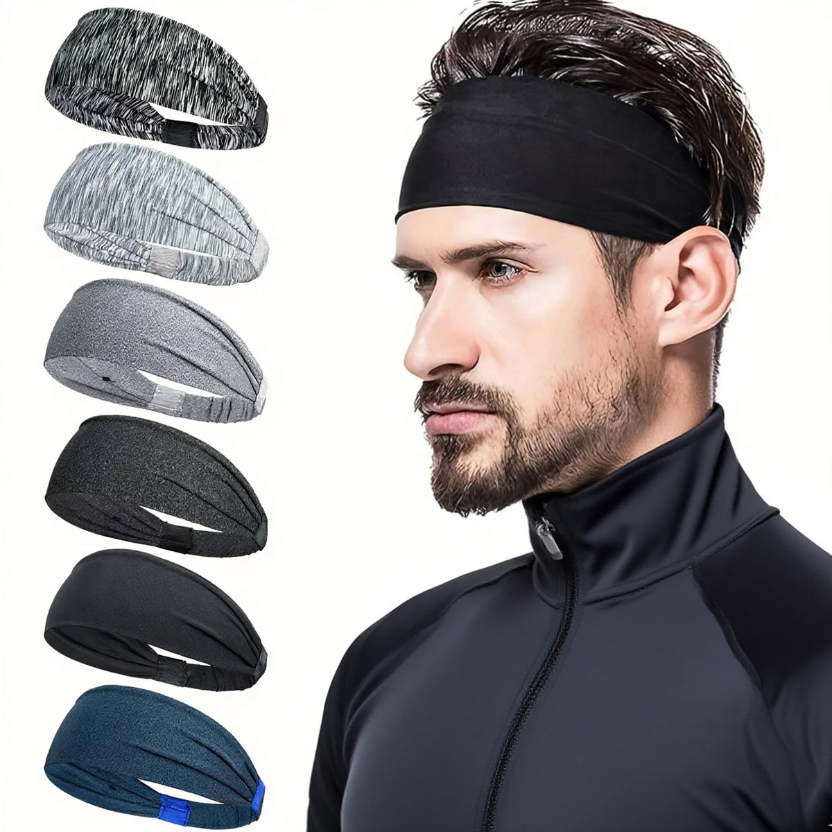Un homme modèle divers élastiques de sport noirs et gris sur sa tête.