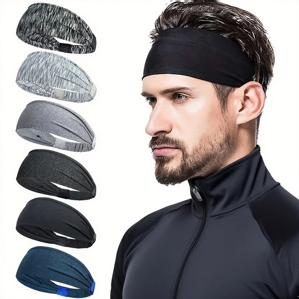 Ein Mann präsentiert verschiedene schwarze und graue elastische Sport-Headbänder auf seinem Kopf.