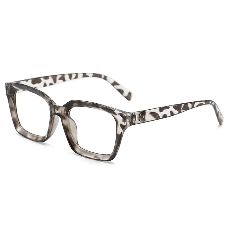 A pair of tortoise-shell patterned square anti-blue light eyeglasses.