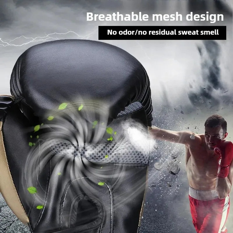 Close-up of a black breathable mesh boxing glove demonstrating sweat absorption and odor prevention.
