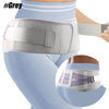 Ceinture de soutien grise réglable portée autour du bas de l'abdomen et de la taille d'une personne.