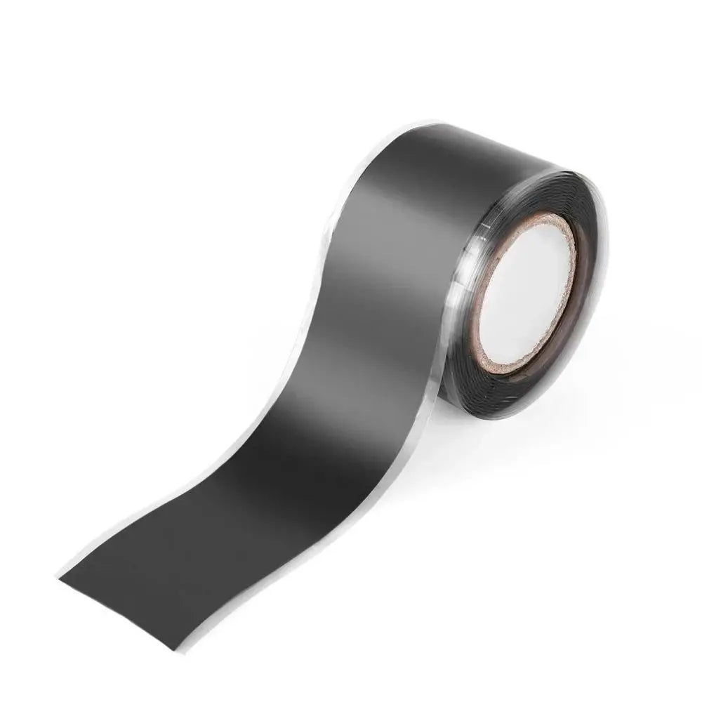 Roll of black heavy duty self-fusing silicone repair tape rolled on a white background