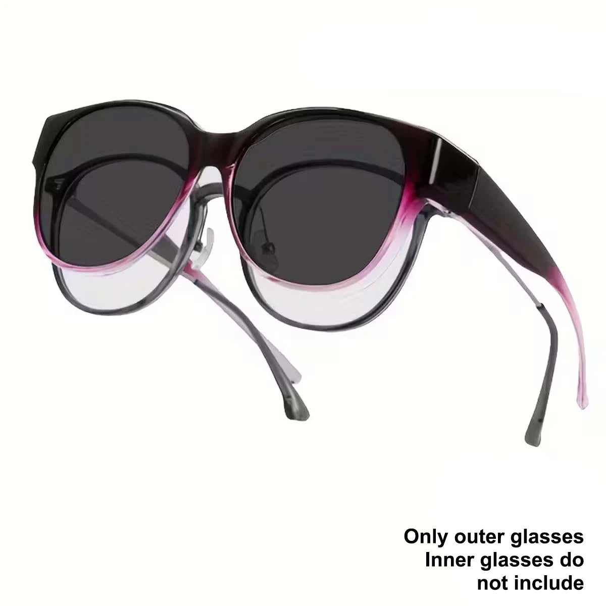 Purple-tinted wrap-around sunglasses with clear lenses shown against a white background.
