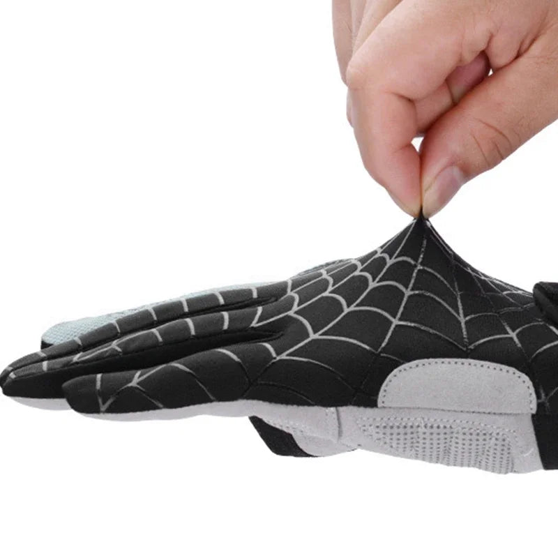 A hand is adjusting a black and gray patterned cycling glove on a finger.