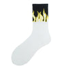 A white sock with a black flame pattern on the top cuff.