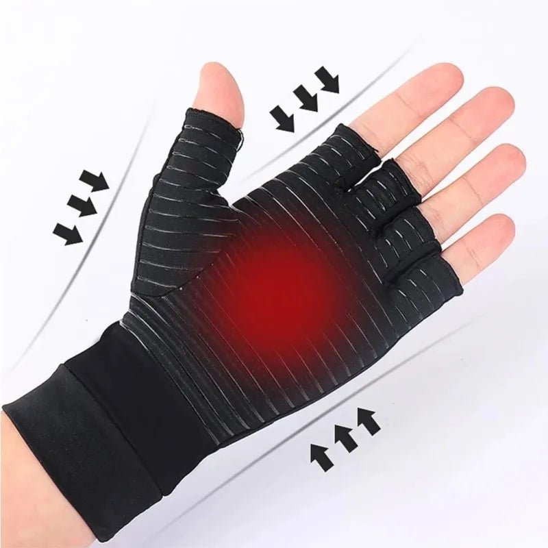 Black compression wrist support gloves being worn on a hand, showing the application points.