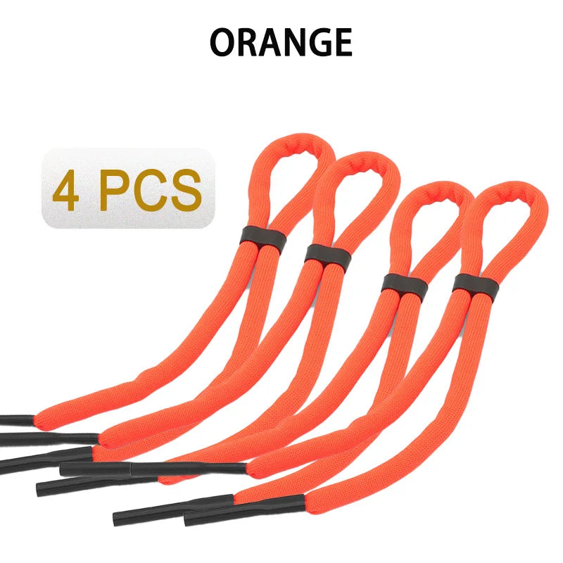 Four orange floating eyewear straps for water sports