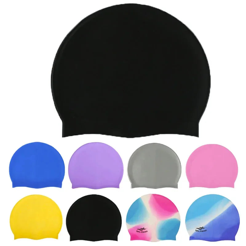 A collection of silicone swim caps in various colors including blue, purple, gray, pink, and yellow.