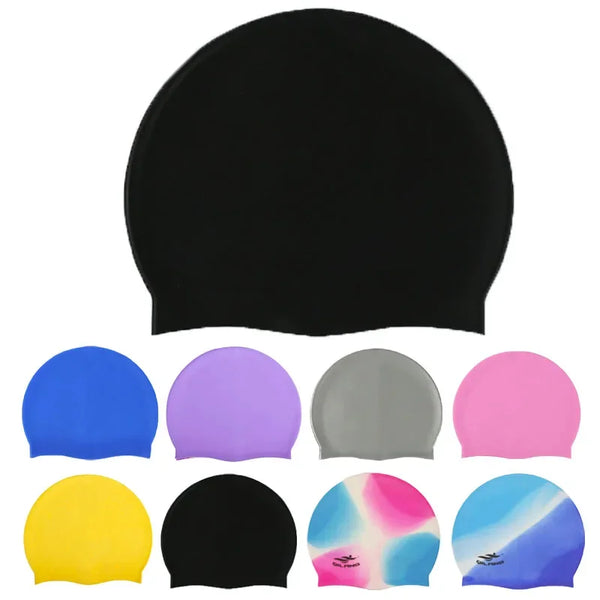 A collection of silicone swim caps in various colors including blue, purple, gray, pink, and yellow.