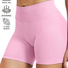 Pink high-waisted knit fitness shorts with quick-dry and breathable features