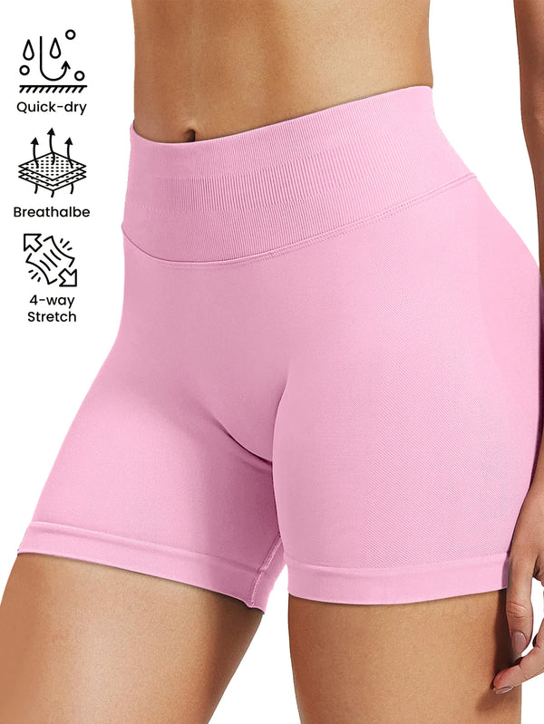 Pink high-waisted knit fitness shorts with quick-dry and breathable features