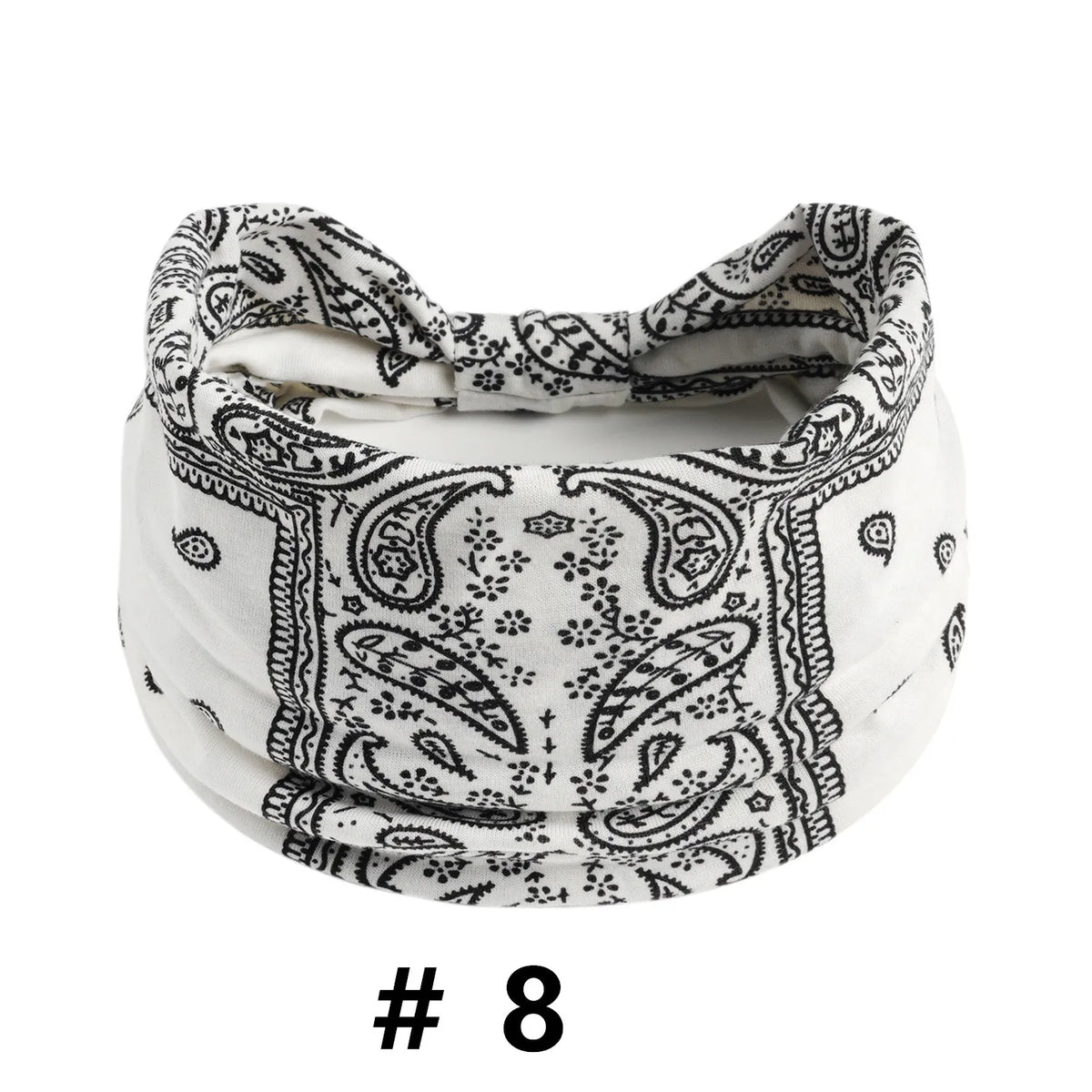 White cotton boho print headband with black paisley and floral patterns