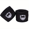 A pair of black professional cotton boxing hand wraps with a white stylized logo.