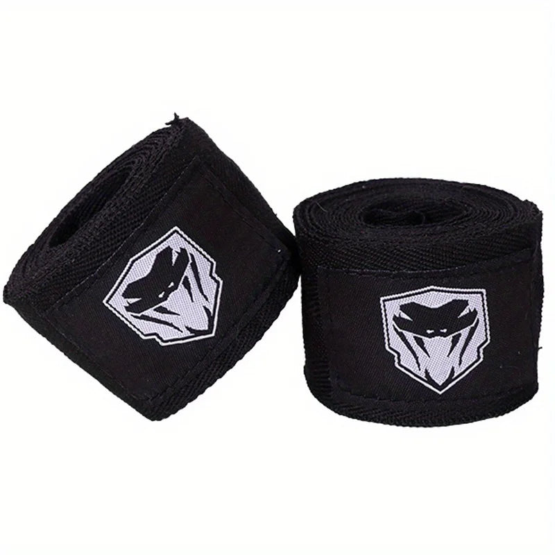 A pair of black professional cotton boxing hand wraps with a white stylized logo.