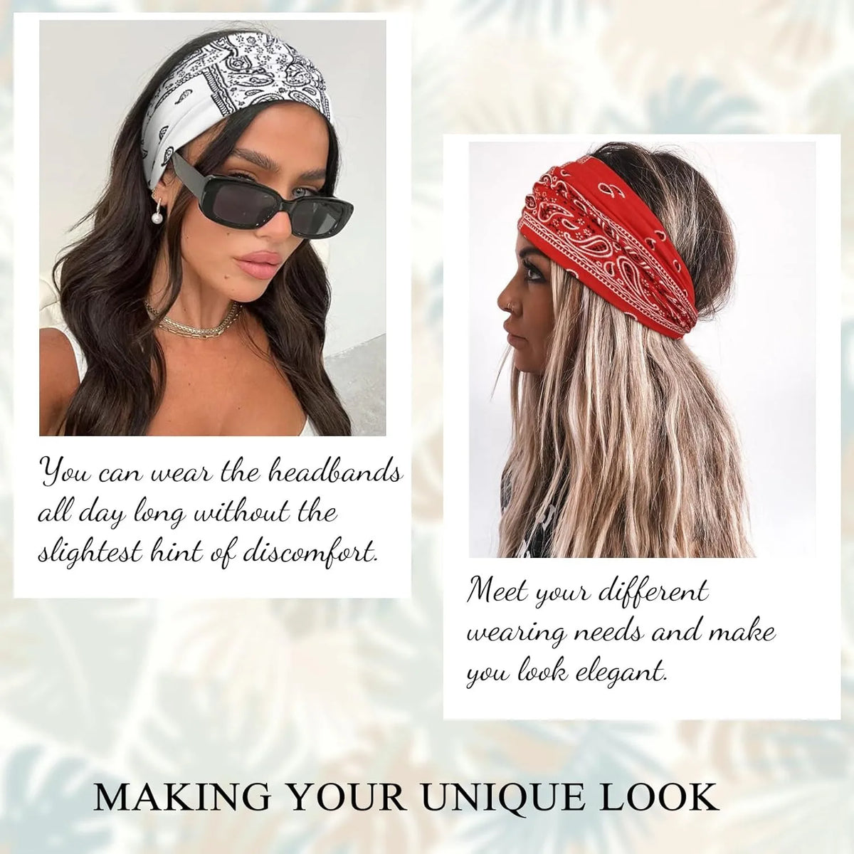 A woman models two styles of boho headbands for hair accessories, one black and one red, highlighting their use in elegant lo