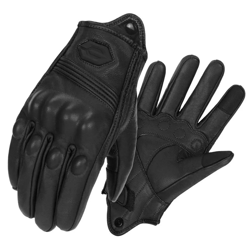 A pair of black vintage leather motorcycle riding gloves shown from the palm side.