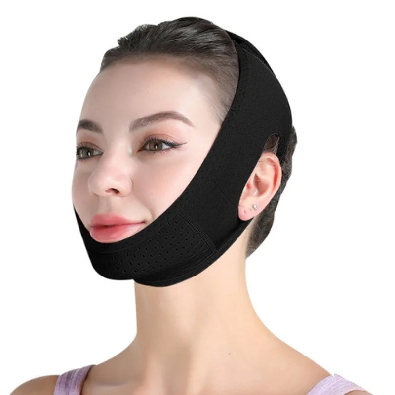 A woman wearing a black face slimming lifting strap designed for double chin treatment.