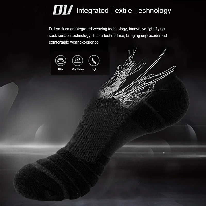 A close-up view of a black athletic sock with fine fibers and threads, highlighting integrated textile technology.