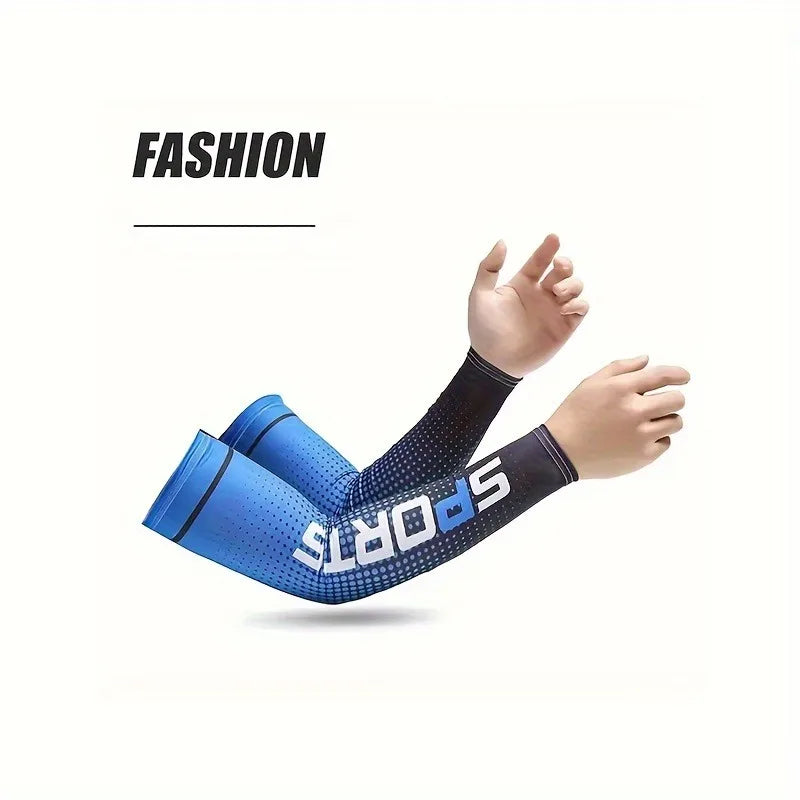 A hand wearing a blue sports sleeve for UV protection and arm cooling.