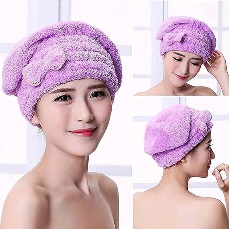 A purple fuzzy hair drying towel cap worn by a woman, shown in various angles.