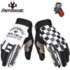 A pair of black and white FastGoose full-finger motocross and off-road cycling gloves are displayed.