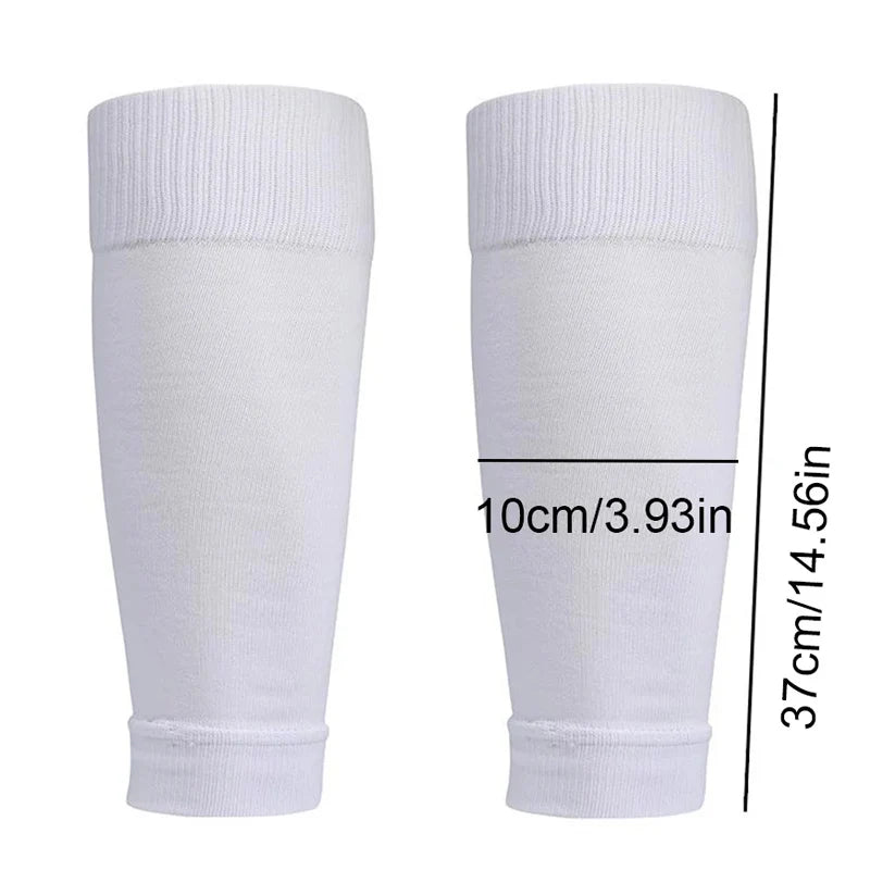 A pair of white non-slip football socks and knee pads for sports, shown vertically.