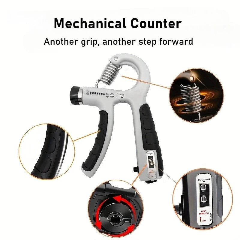 A mechanical counter hand grip strengthener shown with various components including the handle, grip, and adjustment mechanis