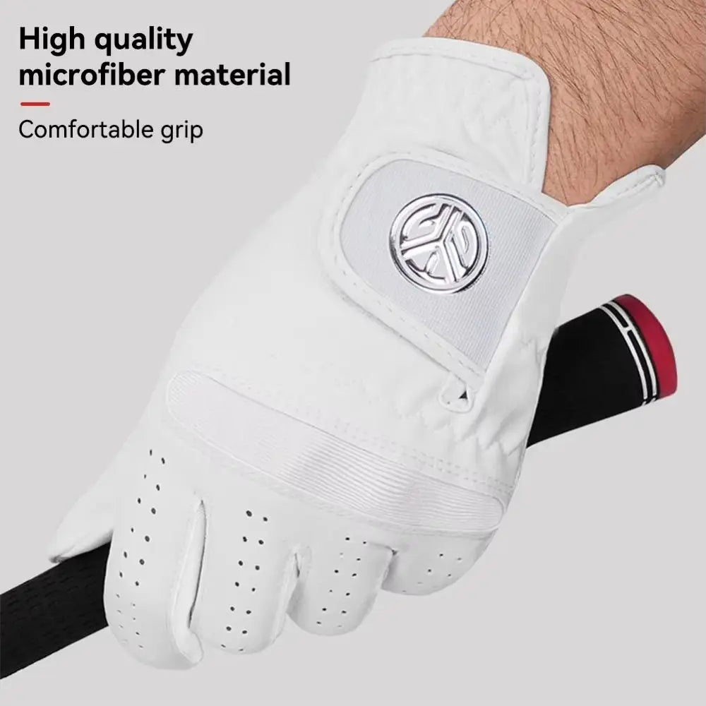 A close-up of a white microfiber golf glove being worn on a hand.