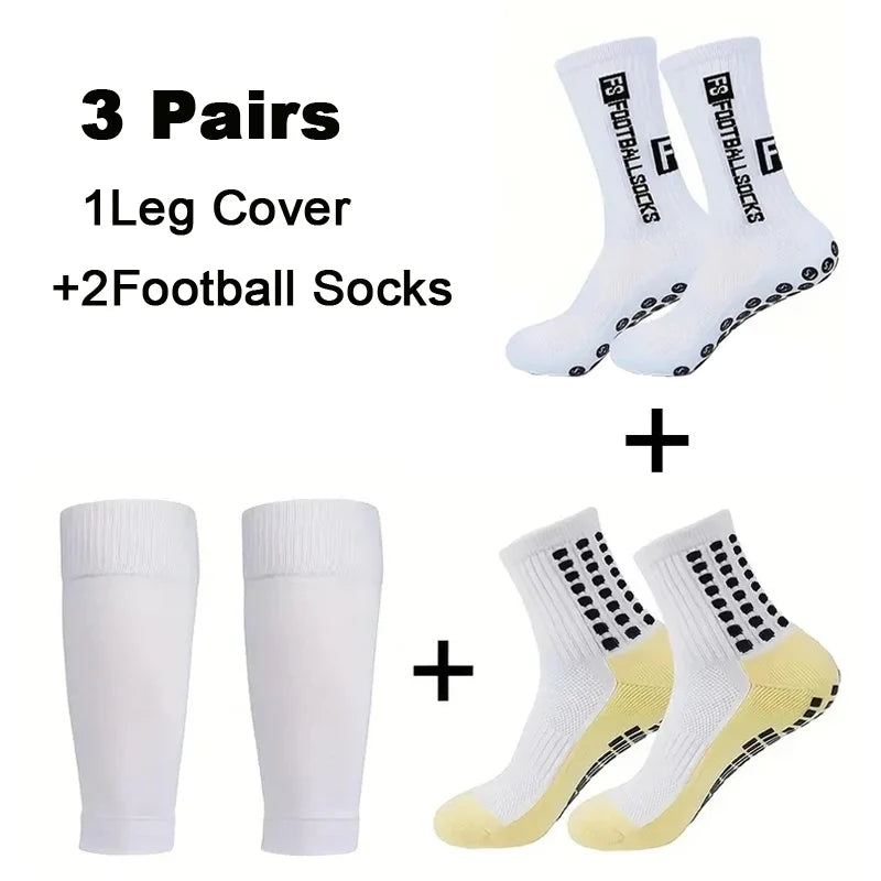 A set of three pairs of men's grip soccer socks and knee pads including leg covers and football socks