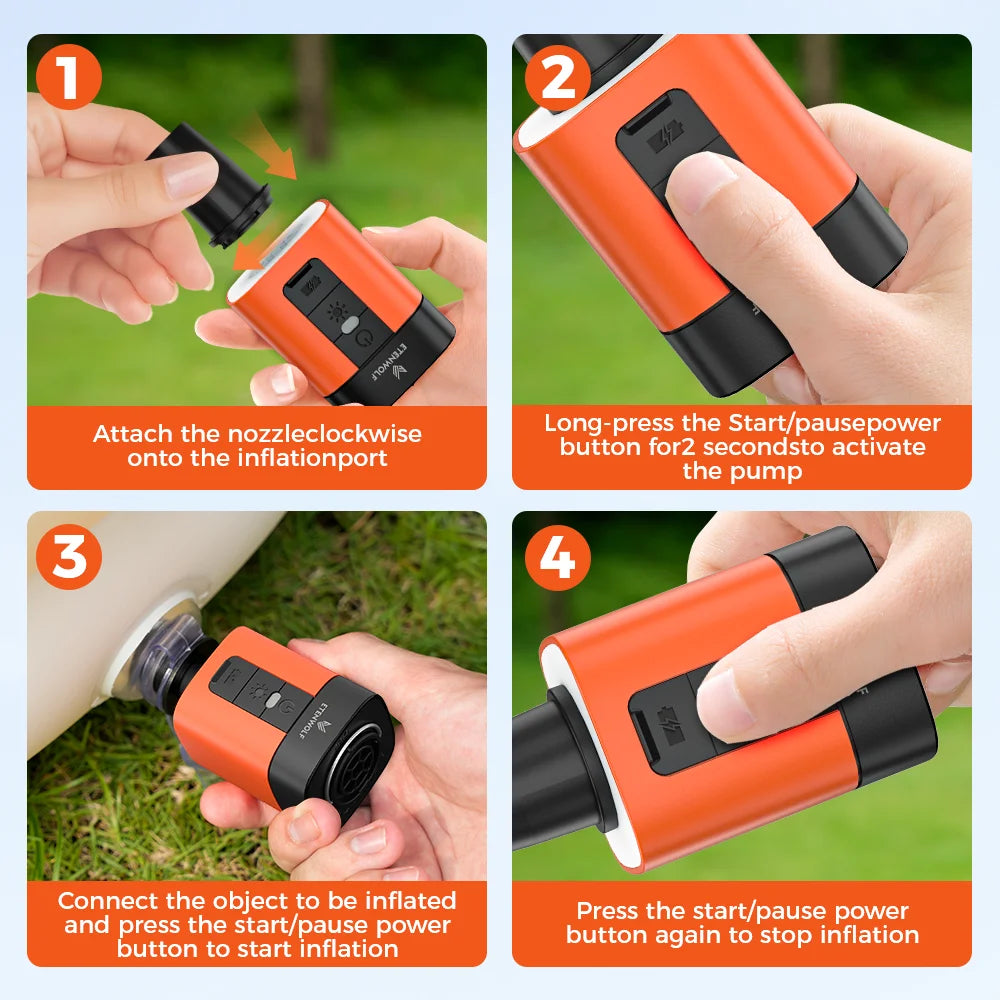 Four steps showing how to use a portable electric air pump for inflating objects.