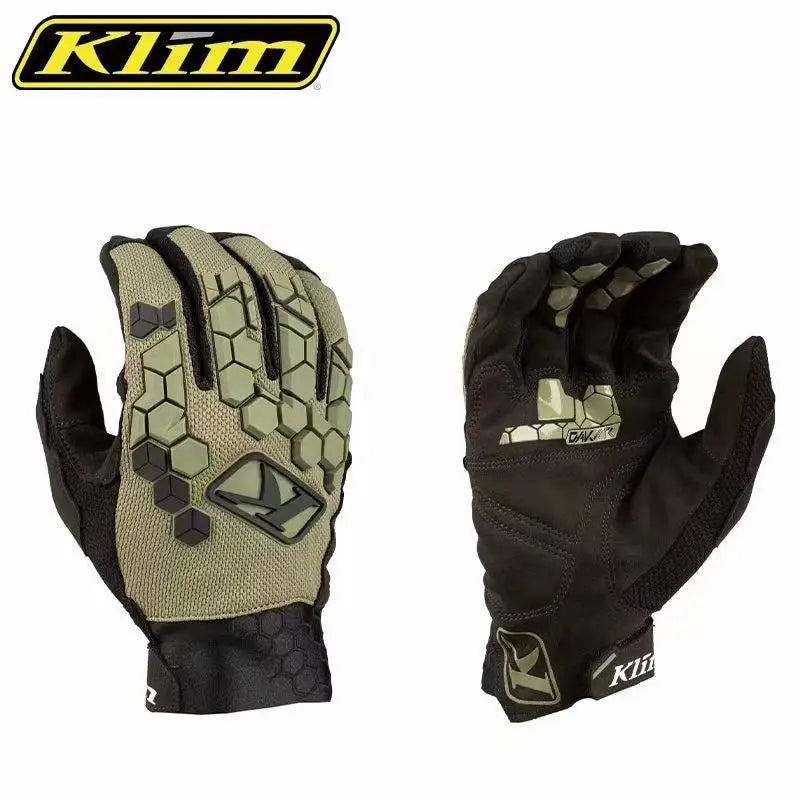 Une paire de gants tactiques noirs avec accents verts et un logo jaune Klim.