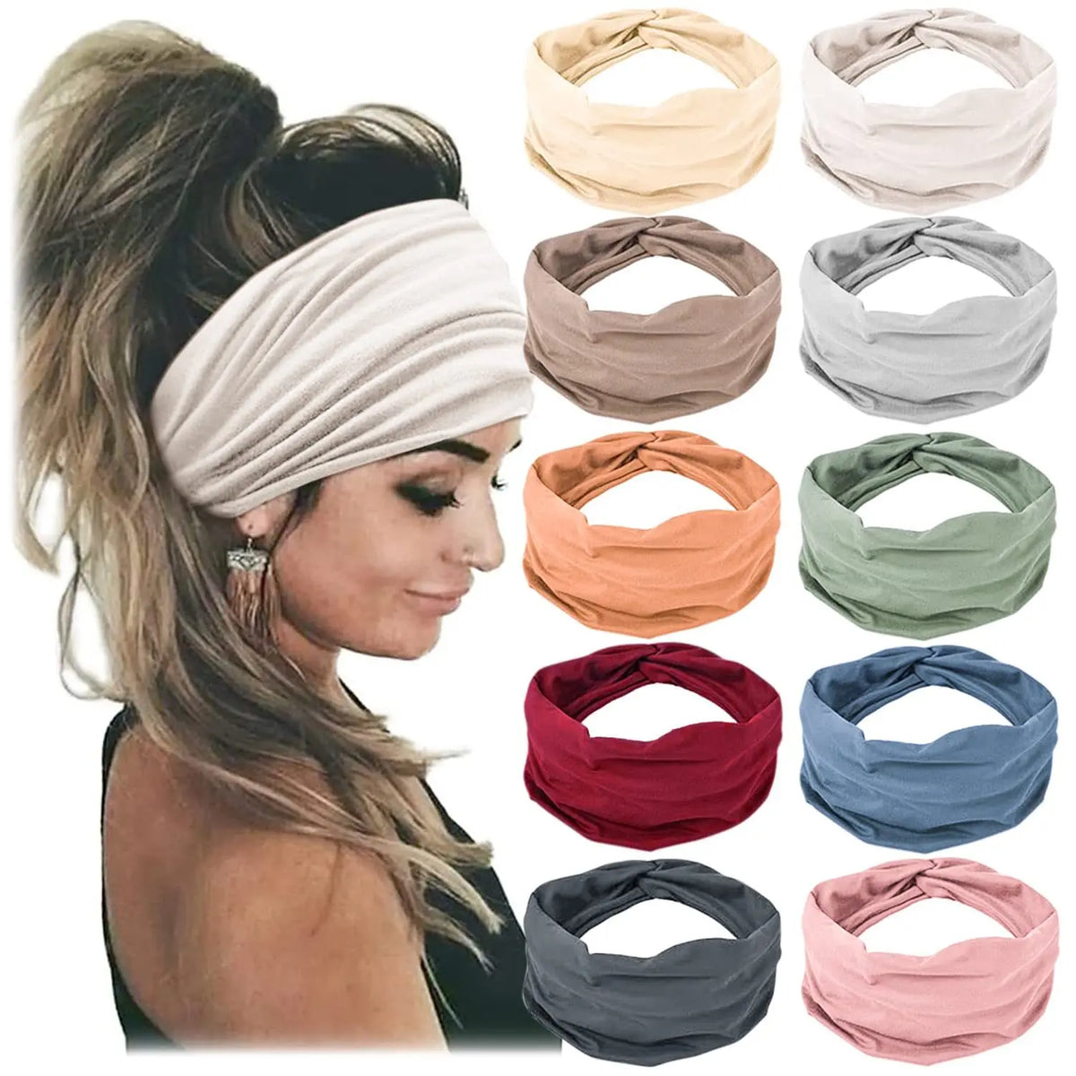 Colección de bandas para el cabello de tela beige, marrón, gris y rosa en varios colores y estilos.