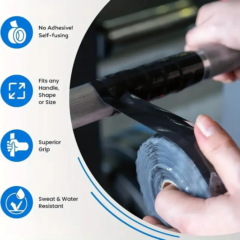 A hand is applying self-fusing silicone repair tape to a cable or pipe, demonstrating its fit and grip.