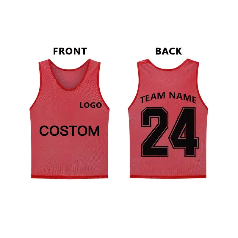 Front and back views of a red breathable mesh soccer training vest with a black number 24 and logo.