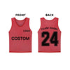 Front and back views of a red breathable mesh soccer training vest with a black number 24 and logo.