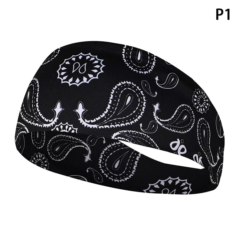 Black adjustable elastic sports headband with a paisley pattern