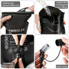 A black reusable water bladder hydration bag showing sealing clip, large inlet, dissassembly, and dust cover features.