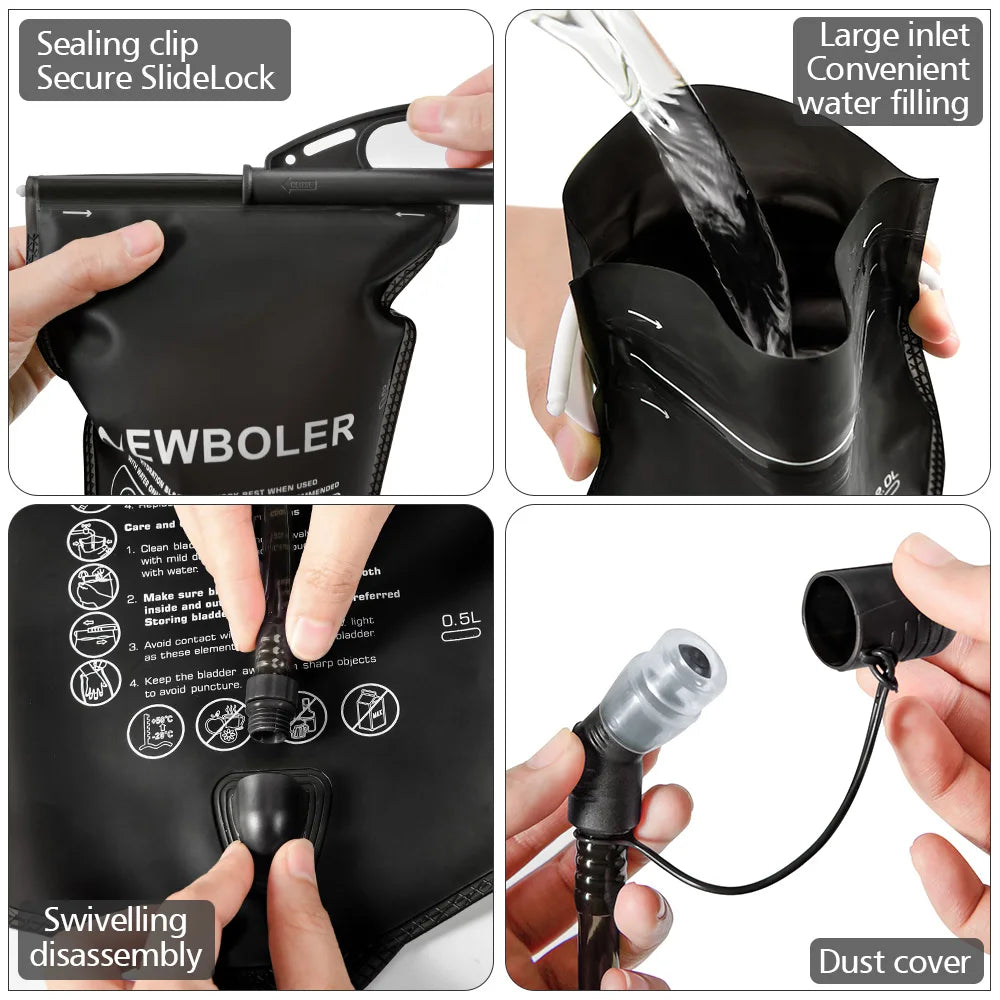 A black reusable water bladder hydration bag showing sealing clip, large inlet, dissassembly, and dust cover features.