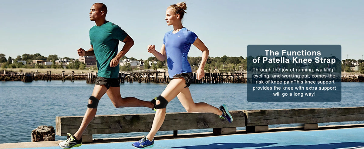 Two people running outdoors demonstrating the use of a patella knee strap for support.