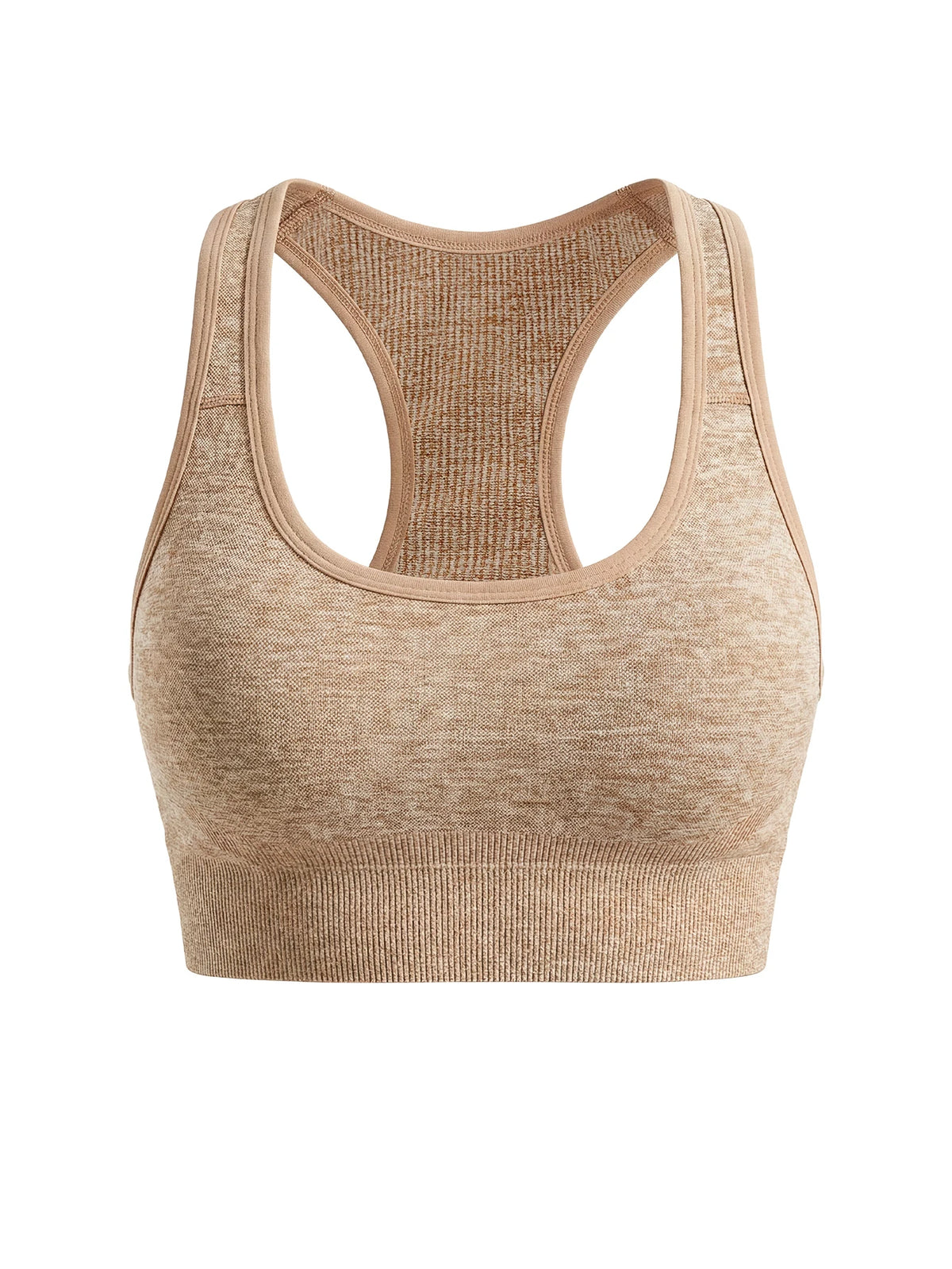 A beige seamless racerback sports bra top and matching bottom set.