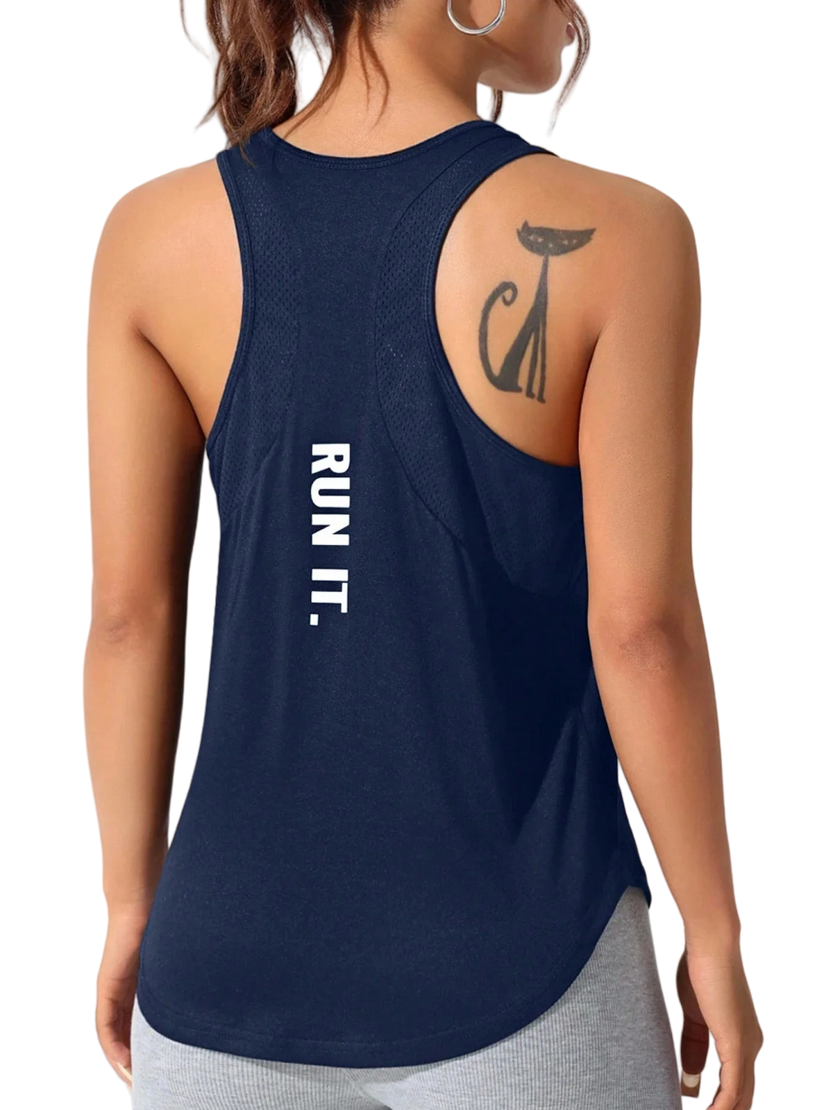 A dark navy running vest with a stylized cat design on the back, worn by a person.