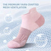 Pink mesh ventilation ankle socks shown on a white surface with text highlighting cozy, soft, and ventilated features.